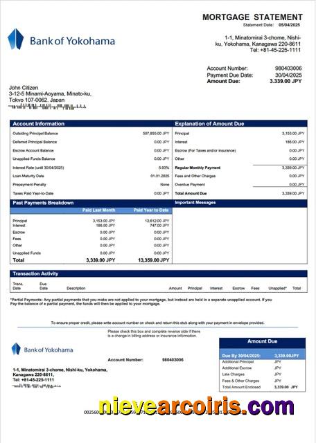 Japan Bank of Yokohama mortgage statement Word and PDF template